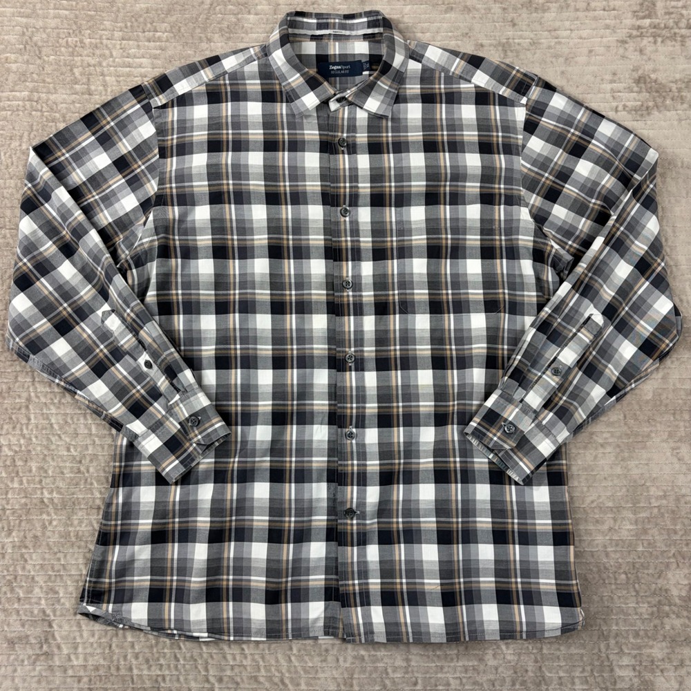 Zegna Sport XL Regular Fit Plaid Button Down Shirt Black Grey Cotton Long Slv